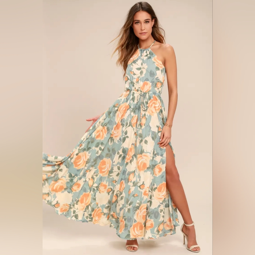 Lulu's Precious Memories Light Blue and Peach Floral Print Maxi Dress
